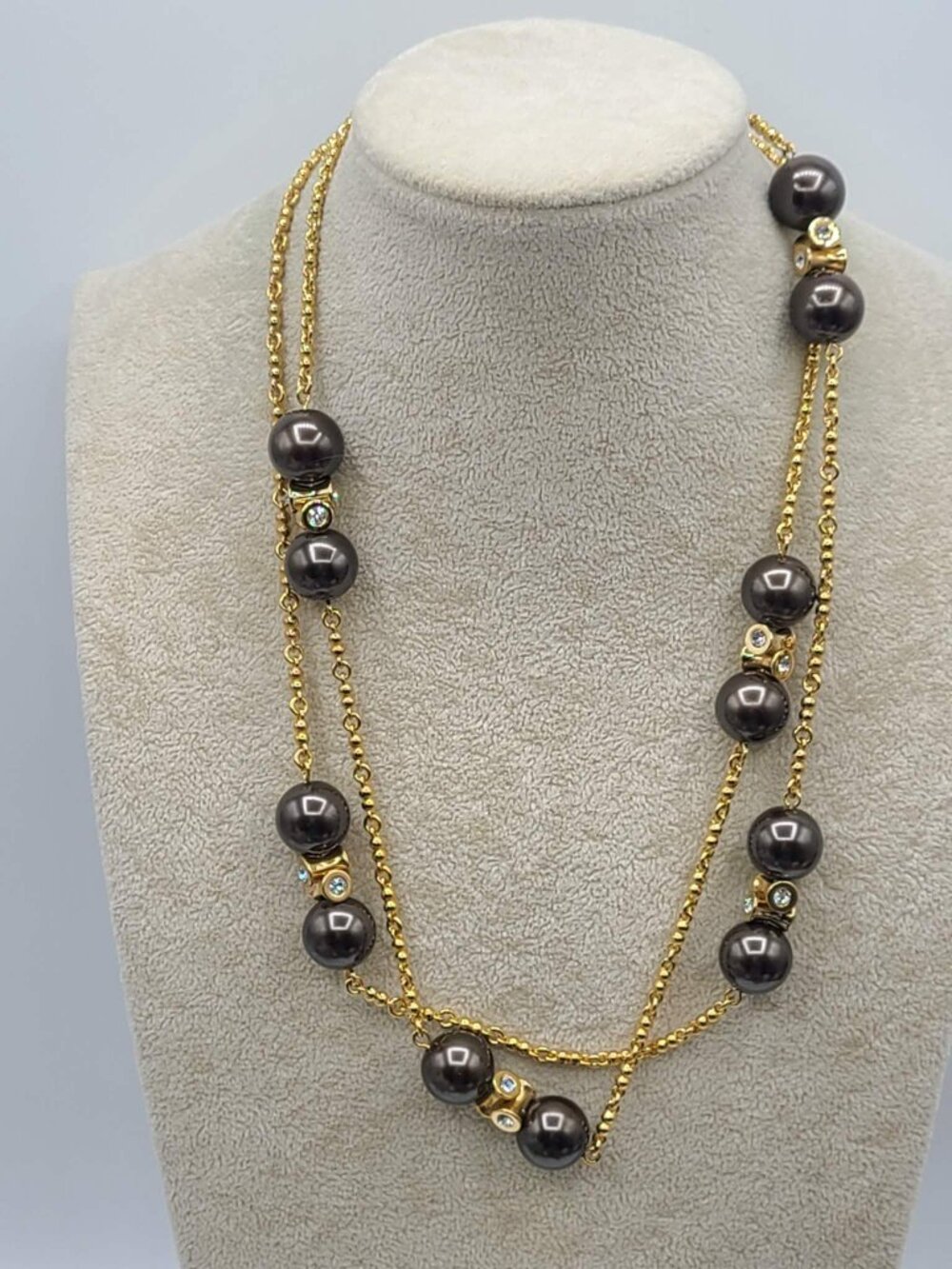J Crew Gold Tone Black Faux Pearl Station Necklace with Clear Crystals